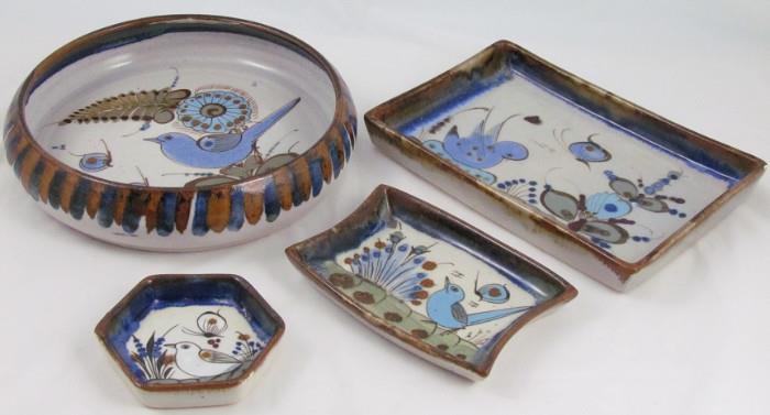 Kenneth Edwards Hand Painted "Birds & Butterfly" shallow serving Serving Bowl, Bread Tray, Small Cracker Tray and Coaster