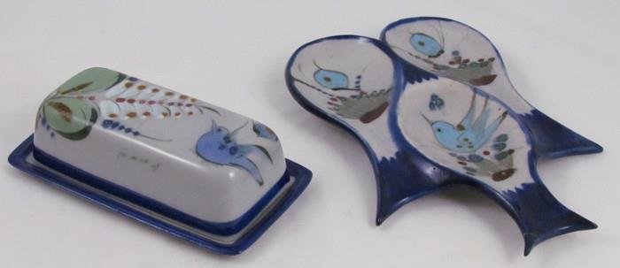 Kenneth Edwards Hand Painted "Birds & Butterfly" Butter Dish & Spoon Rest