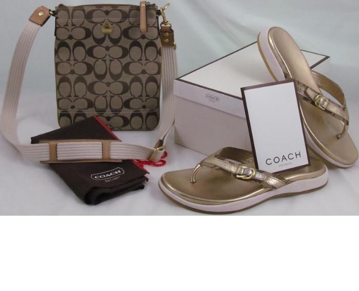 The Swingpack Coach Purse with web crossthe body adjustable shoulder strap. interior features a slip pocket and lining and cloth storage dust cover bag.
Coach Gold Thong Sandal