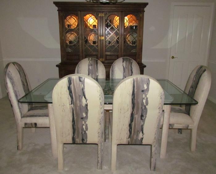 Ovation of Dallas, TX  Parson Chairs (set of 6) Gray/Black "Larrow" Upholstery.  Bevel Glass Top (42" x 72") Dining Table on a White Washed Wicker Base