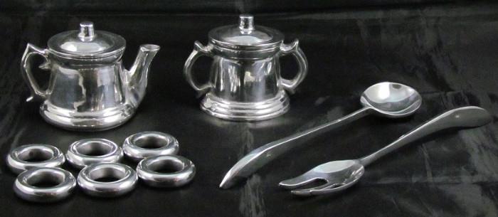 Heavy Cast Aluminum Sugar Bowl & Creamer, Set of 6 Mid-Century Napkin Rings and Mid -Century Salad Fork & Spoon