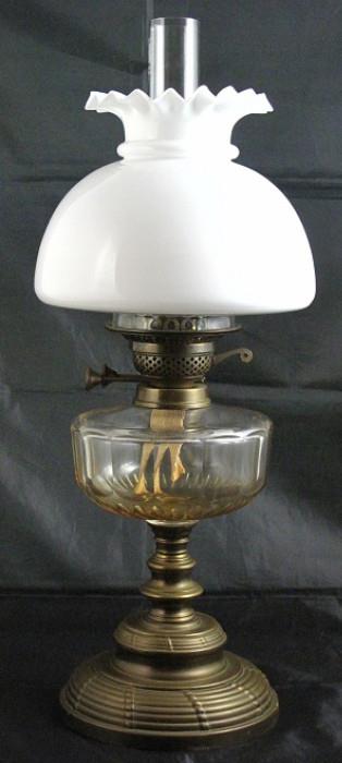 British Made Hinks Oil Lamp, Brass Base, Clear Crystal. Font, Griffin Brand Chimney Anthe the Original Milk Glass Shade