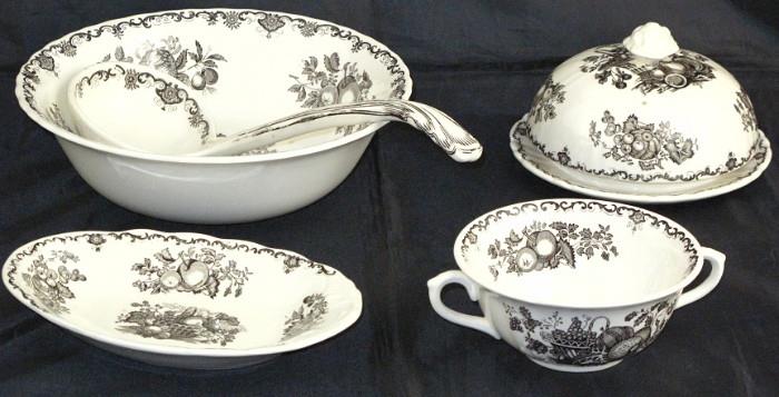 Mason's -Black "Fruit Basket"  Vegetable Bowl 9",  Soup Tureen Ladle, Dome Lid with Round Butter Box, Gravy Boat Underplate/Relish and Cream Soup (4)