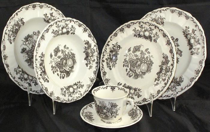 Mason's -Black "Fruit Basket;  Dinner Plate (4), Luncheon Plate, Rimmed Salad, Rimmed Soup and Breakfast Cup & Saucer (9)