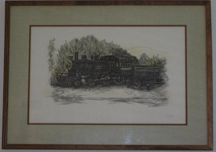 S. Adler "Sharp & Fellow" Steam Engine and Coal Car" pen & ink framed print.  (29"W x 21"H)