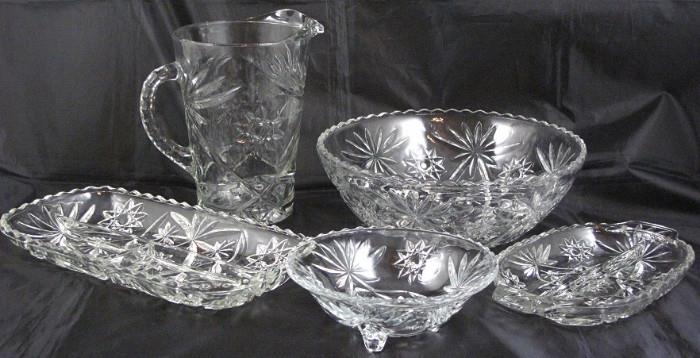 Anchor Hocking "Early American Prescut" : Pitcher, Salad Bowl, Celery Tray, Footed Candy Dish & 2-part Relish