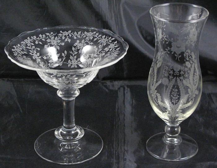 Depression Era Etched Crystal Compote (6"H x 6.5"W)  & etched Crystal Hurricane Stem