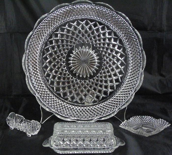 Anchor Hocking "Wexford Ware"  Cake Plate, covered 1/4lb Butter Dish, Cut  Crystal  Toothpick Holder & "English Hobnail" 4" Square Nut/Mint Dish