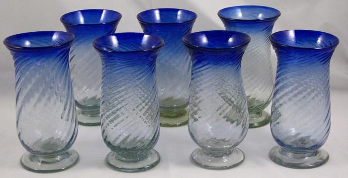 Mexico Blown Glass Cobalt Rim Footed Tumblers 
