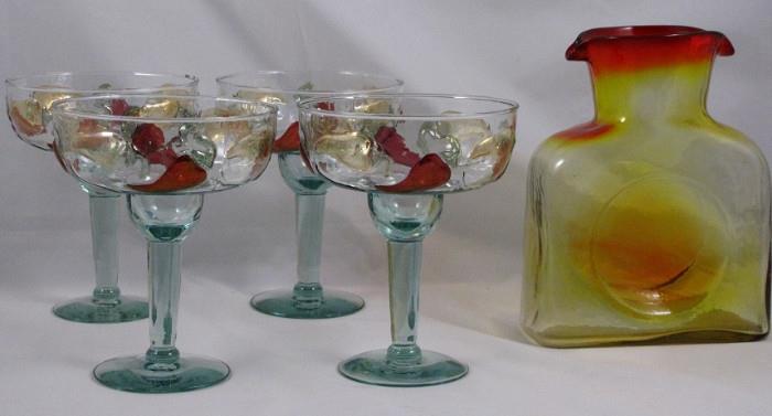 Pepper Margarita 4 Stems Glasses and Vintage Blenko Glass Amberina Water Bottle Carafe 