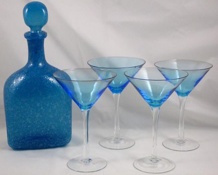 Blown Glass Decanter and Vietri Optical Glass Martini Stems Set of Four. 