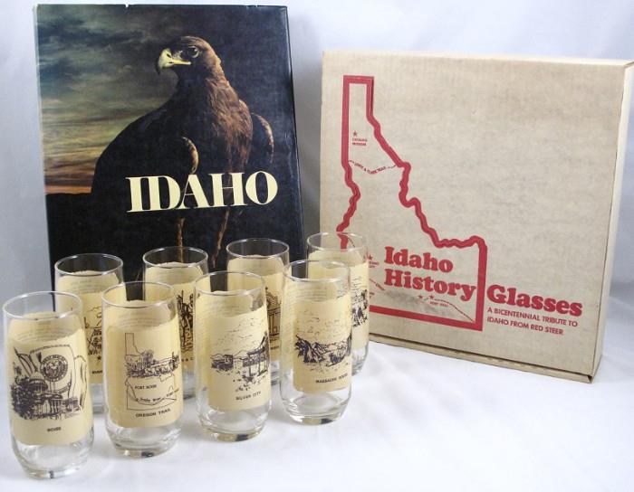 Idaho History Glasses.  A Bicentennial Tribute to Idaho from Red Steer.  "Idaho" by Robert O. Beatty, Published by The First National Bank of Idaho 1977. 
