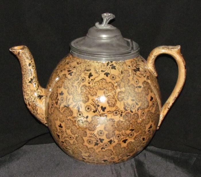 Antique Luster Ware Porcelain Teapot with Pewter Lid