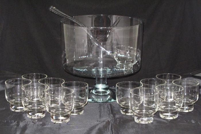 West Virginia Glass Co. Mid-Century Punch Bowl with 12 Cups & Glass Ladle (also available is the Buffet Tray/Underplate)