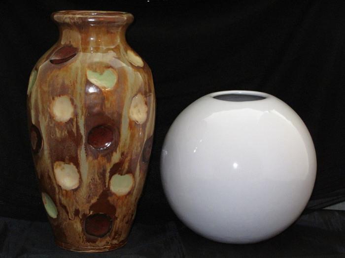 Brown/Gray Glaze-Thumbprint 13" Vase. Heager White Ball Vase.