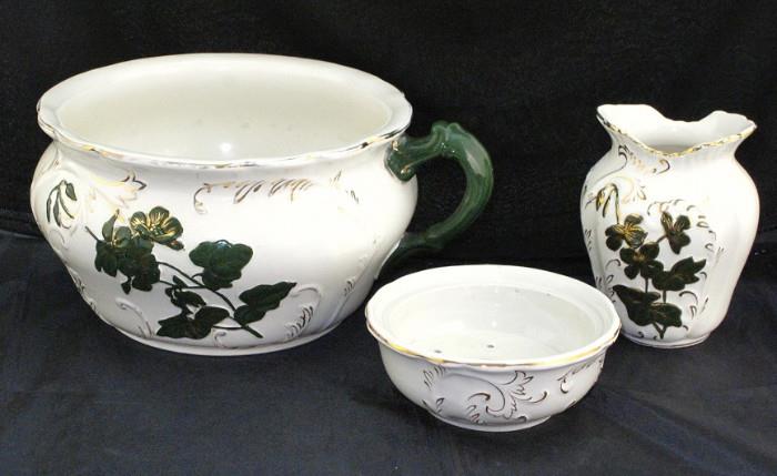 1880's Antique Hand Painted Porcelain Chamber Pot, Soap Dish with Insert No Lid, and Toothbrush Holder. 