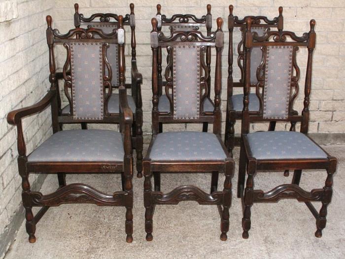 Antique Oak French Renaissance Hunting Chairs set of 4 Side Chairs & 2 Arm chairs
