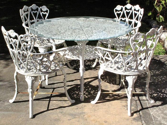 White Wrought Iron Patio Table with 4 Arm Chairs