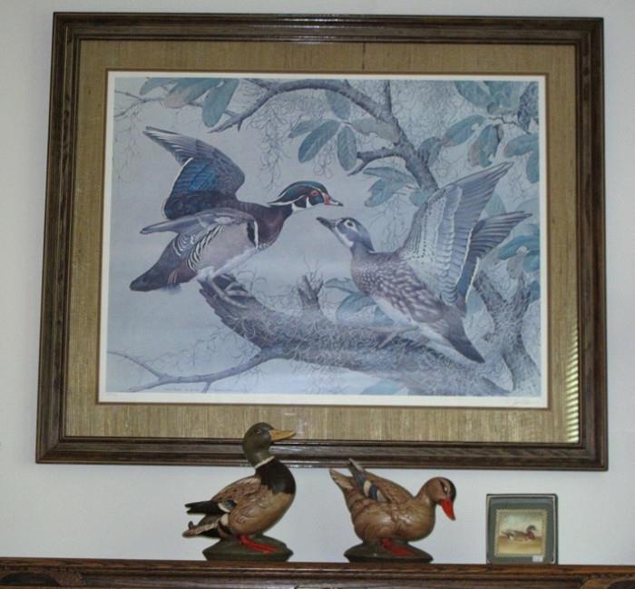 Wood Duck by Basil Ede Signed and Numbered Print shown with a pair of Hand Painted Ceramic Ducks 