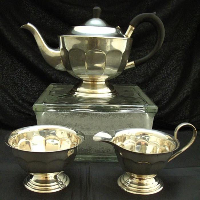 Sheffield Electroplated Nickel Silver Teapot, Open Sugar & Creamer