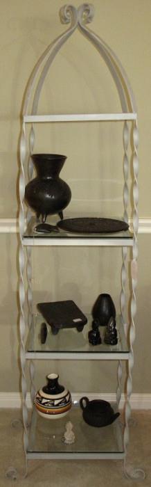 Obelisk Metal & Glass Shelf with a Selection of Oxaco Black Pottery