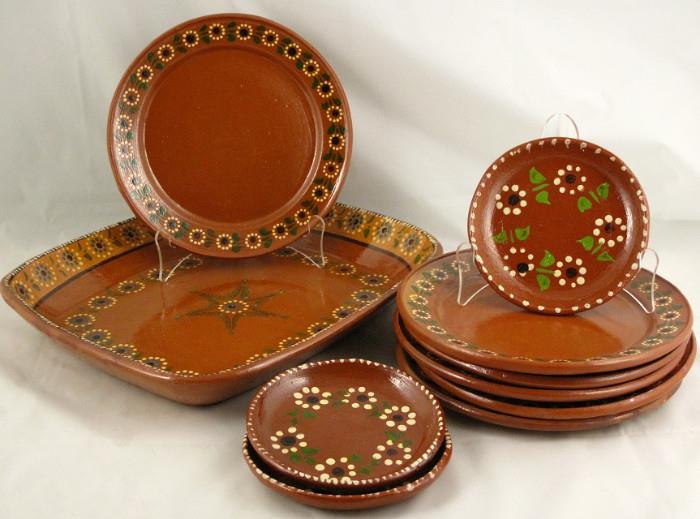 Vintage Hand Painted Terra Cotta 6" Bread & Butter Plates (3), Set (6) Dinner Plates and Large Serving Tray (15" x 13")