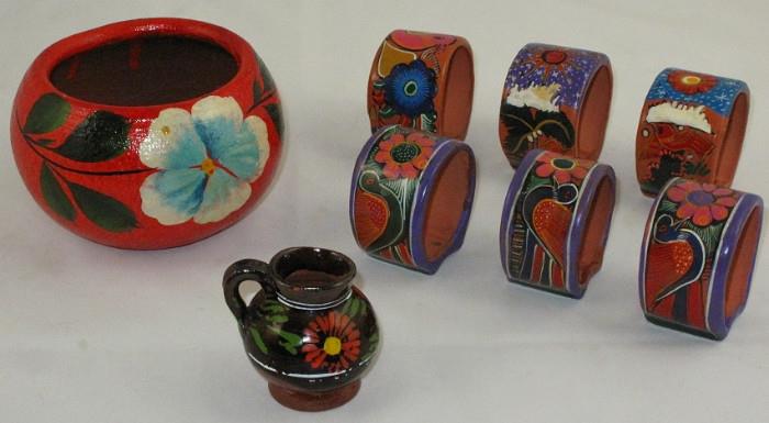 Vintage Hand painted Terra Cotta Pottery Flower Pot, Set 6 Napkin Rings and. Miniature Pitcher