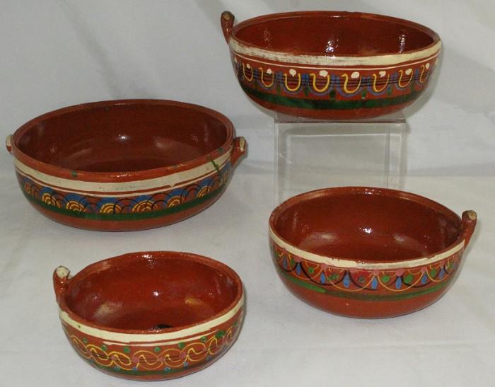 Old Terra Cotta Mexican Hand painted Signed by Artist Bowl Set