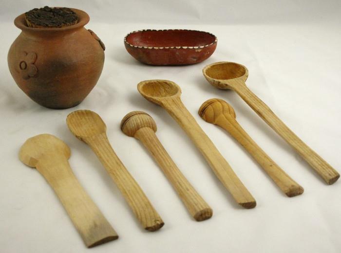 Collection of small hand carved wood spoons, Terra Cotta Garlic Jar and a small piece of Terra Cotta Mexican Pottery