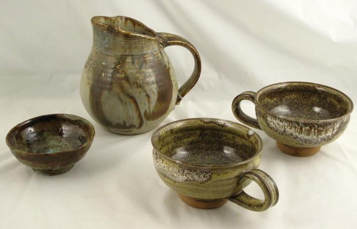 Signed By Artist Hand Thrown Art Glazed Pottery, 8" Pitcher, Pair Large Soup Mugs and Small Sauce Bowl 