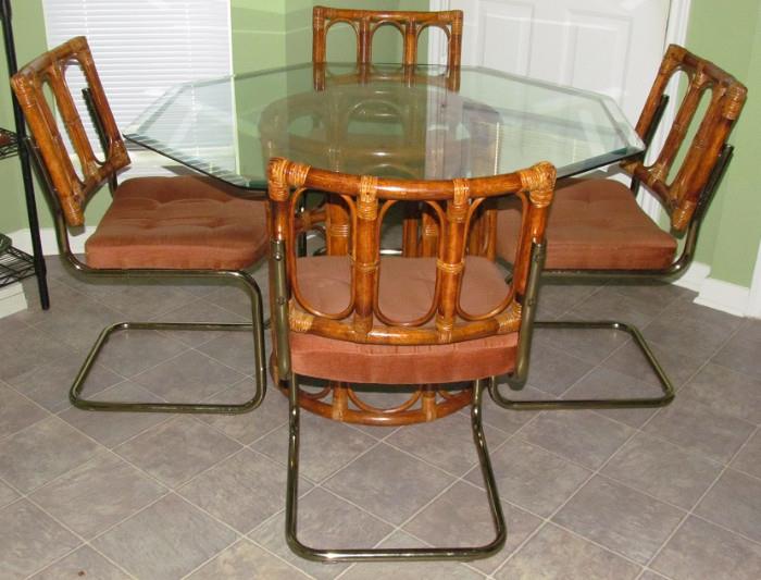 Octagon Bevel Glass Top Table on Round Rattan Base with 4 Rattan & Chrome Chairs