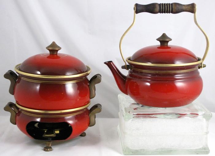 Asta Germany Red Enamel Cookware with Brass Handles Tea Kettle and (Fondue) Pot with Warmer Stand