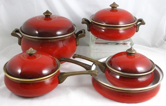 Asta Germany Red Enamel Cookware with Brass Handles 