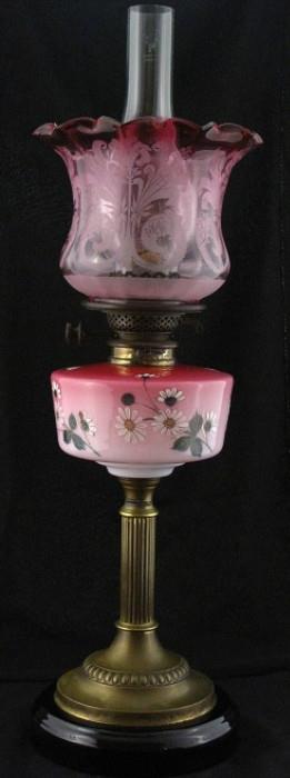Hink's Duplex Patent Antique Victorian Lamp. Black marble base, brass stand with Hand painted Enamel Daisy on white to cranberry.