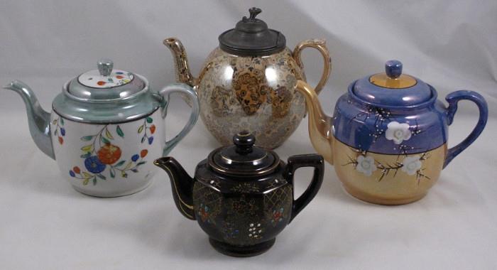 Collection of Teapot: Japan Handpainted with Lustre Trim, Antique Peach Lustre aware in a Chintz Pattern with. Pewter Lid, Blue & Peach Hand Painted Japan and a Small Hand Painted Brown Glaze Terra Cotta Teapot