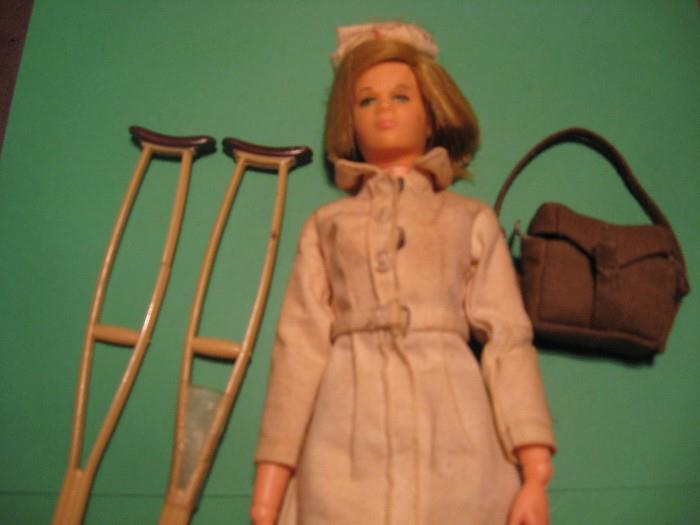 G I Jane Nurse 1967 made for one year only.Ultra Rare and complete arm band, sholder bag, stethoscope, splits, crutches (repaired) , I.V bottle, roll of gauze and original uniform.