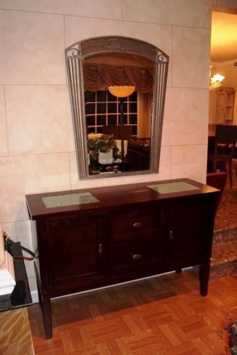 Wood Cabinet & Framed Mirror