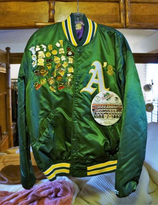 Oakland A's jacket with limited edition pin from the 1990 American League Championship and a whole bunch of Oakland A's pins