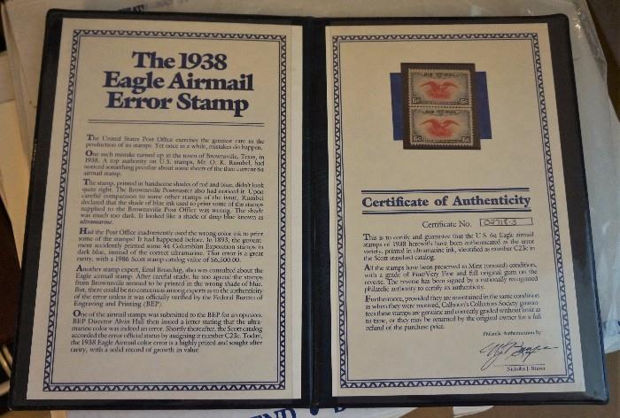 1938 Eagle Airmail error stamp set with COA. Defined as mint (unused) condition