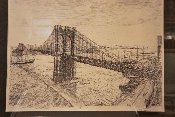 Etching of the Brooklyn bridge by Sandra Finkenberg