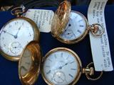 Late 1800's pocket watches: left Elgin, top right Waltham Am Watch Co, lower right Elgin. All gold plated with notes from previous owner.
