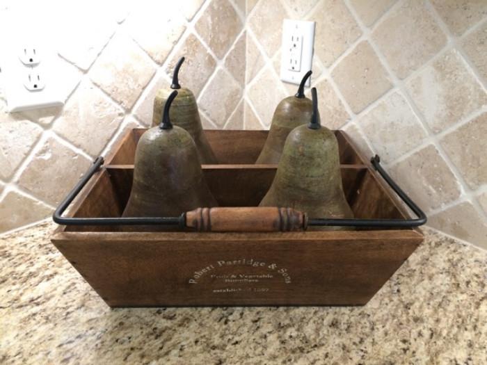 Diva At Home Rustic Green Terracotta Pears & Wooden Basket