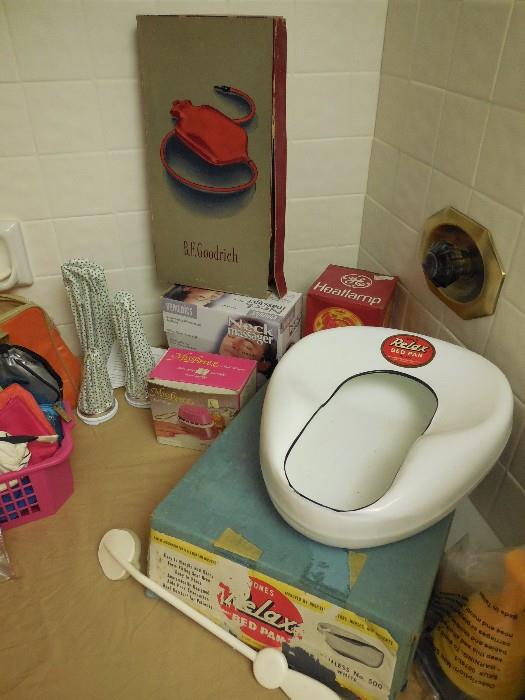 Porcelain bedpan (unused) with original box. Other vintage "personal care" items