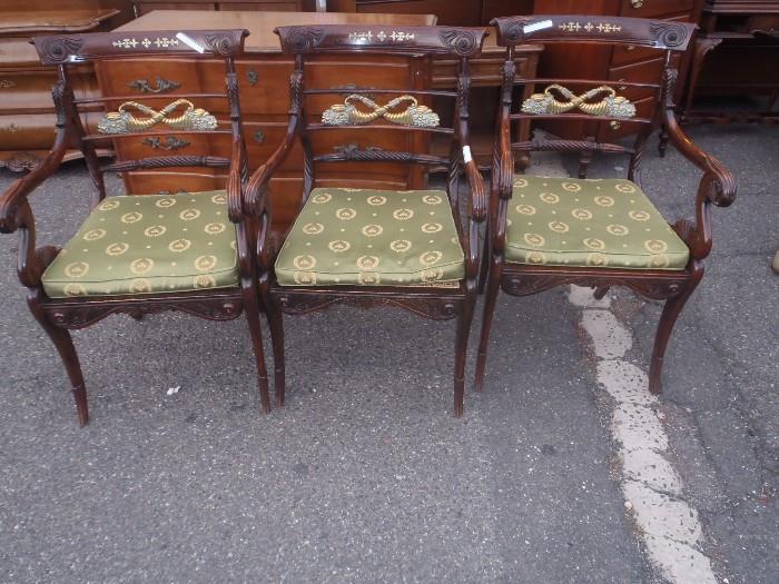 SET OF THREE rosewood 1840 nEOCLASSICAL(REGENCY) ARM CHIARS WITH BRASS INLAYS AND SOLID CAST BRASS PANEL)