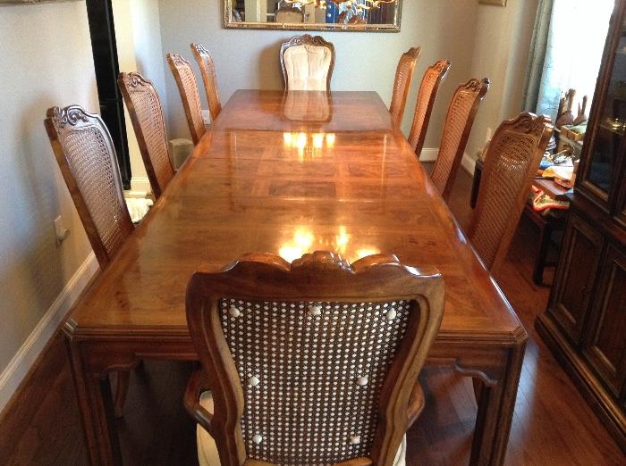 Drexel Heritage "Sketchbook Collection" dining table 11'10" length by 46.5" wide AND 10 cane back chairs