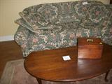 Spotless upscale sofa, drop leaf table, and antique wooden box with lock and key