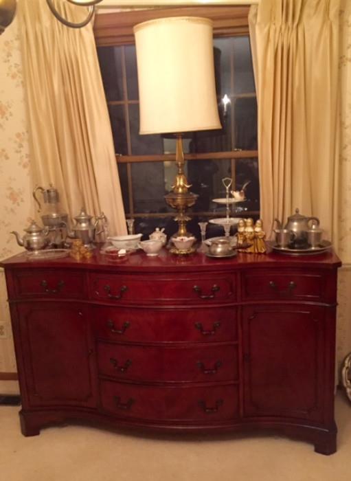 Antique Mahogany Duncan Phyfe Buffet holds Pewter and China Serving pieces and one of the stunning Lemington Lamps