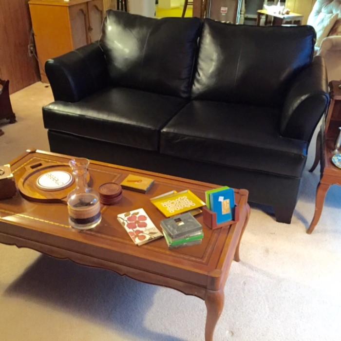 New Black Leather Love Seat, Vintage Coffee Table holds cards, Vintage Serving pieces and more