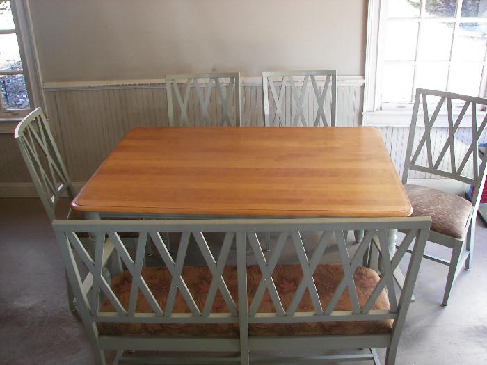 dining set includes 6 chairs (4 shown), bench, kitchen table, and leaf (not shown)