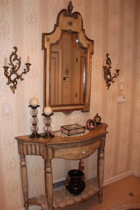 Framed Mirror & Demilune Table with Sconces & Decorative